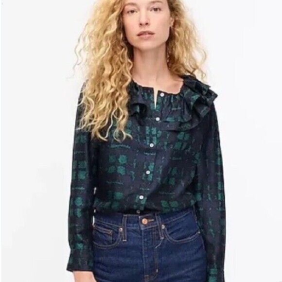 J. Crew Tops - J CREW Collection Silk Ruffle Navy‎ Green Plaid Top Blouse Size XS